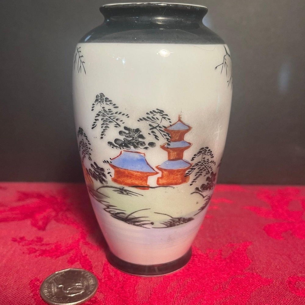Vintage Porcelain Vase Hand Painted Pagoda Bridge Mountains 5 inch Made in Japan